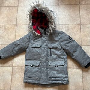 Grey Canada Hooded Winter Coat with Faux Fur Trim